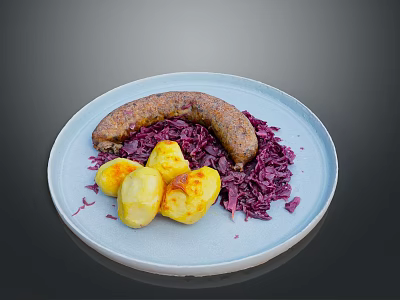 Delicious Grilled Sausage Served With Roasted Potatoes And Red Cabbage On Plate 3d model