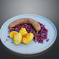 Delicious Grilled Sausage Served With Roasted Potatoes And Red Cabbage On Plate