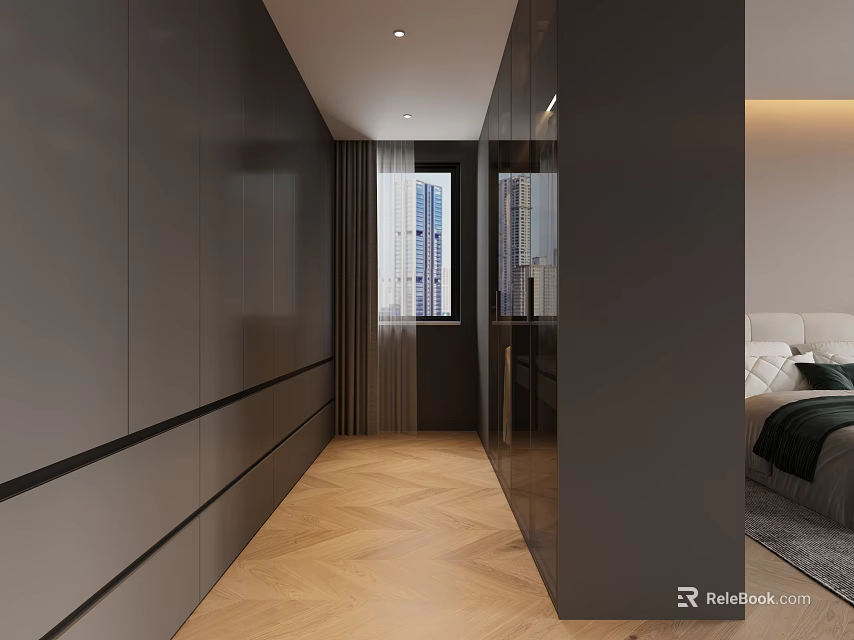 Modern Built in Wardrobe Design With Dark Panels Wooden Floor And Mirror Doors 3d model 