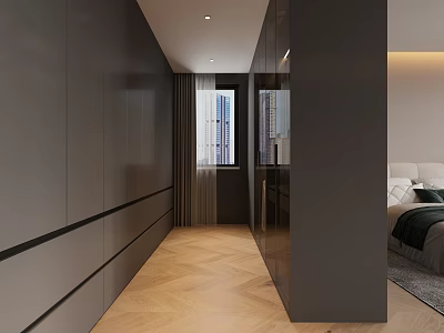 Modern Built in Wardrobe Design With Dark Panels Wooden Floor And Mirror Doors 3d model