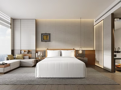Minimalist Hotel Room With King Bed Floor to Ceiling Window Sofa and Wooden Floor 3d model
