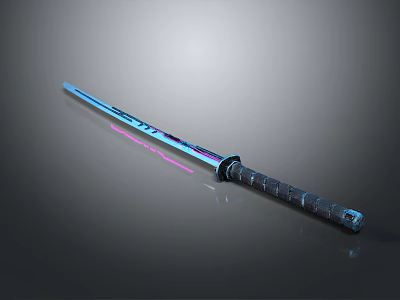 Enchanted Samurai Sword With Blue Pink Glowing Blade And Black Textured Handle 3d model