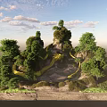 Lush Garden Landscape With Winding Yellow Path Rocky Hills And Green Vegetation