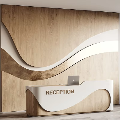 Modern Reception Background Wall With Wooden Wavy Design And Reception Desk 3d model