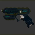 Sci Fi Futuristic Gun With Blue Luminous Accents Circular Emblem And Sleek Dark Design