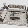 Modern Sofa And Coffee Table Set With Decorative Pillows And Patterned Area Rug 3d model