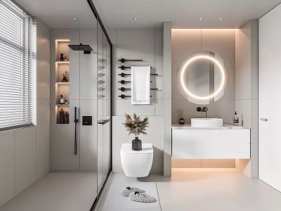 Modern Bathroom With Glass Shower Partition Round Illuminated Mirror White Vanity And Potted Plant 3d model