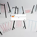 Outdoor Playground Climbing Equipment With Red Blue Black Metal Frames Rope Nets And Ladders