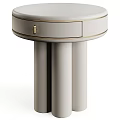 Modern Minimalist Beige Leather Bedside Table With Round Top Drawer And Cylindrical Column Legs