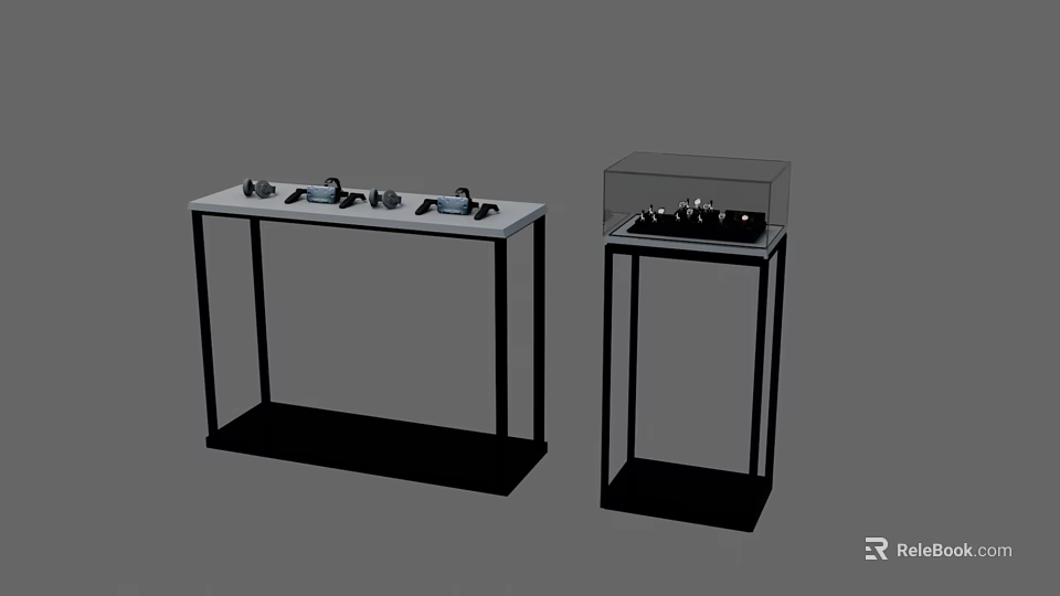 Modern Display Stands Open And Covered Black Frames White Tops Items On 3d model 
