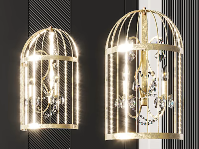 Elegant Golden Cage Shaped Chandeliers Adorned With Crystals Illuminate Modern Room Beautifully 3d model