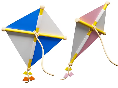 Two Colorful Kites With Blue White Pink Gray Panels Yellow Crossbars And Tassels 3d model