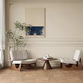 Modern Leisure Chairs With Wooden Frame And Padded Seats By Side Table Plant Window And Artwork