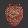 Intricate Colorful Sculpted Vase With Fish Flowers And Leaves Relief Design