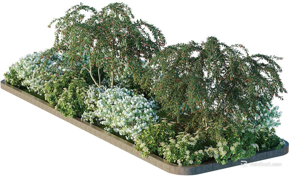 Lush Mixed Shrubs With Green Foliage And White Flowers In Garden Planter 3d model 