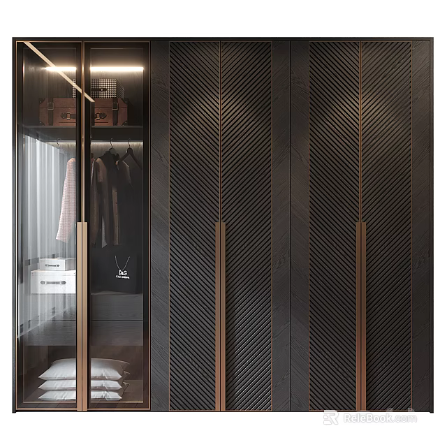 Modern Dark Wardrobe With Herringbone Pattern Golden Handles And Glass Door Storage 3d model 