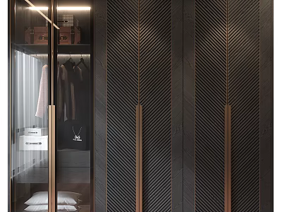 Modern Dark Wardrobe With Herringbone Pattern Golden Handles And Glass Door Storage 3d model