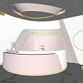 Elegant Beauty Salon Reception Desk with Curved Pink White Design Marble Floor and Potted Plant