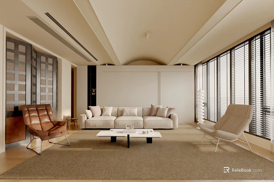 Modern Living Room Interior With Sofa Armchairs Coffee Table And Large Windows Rug 3d model 