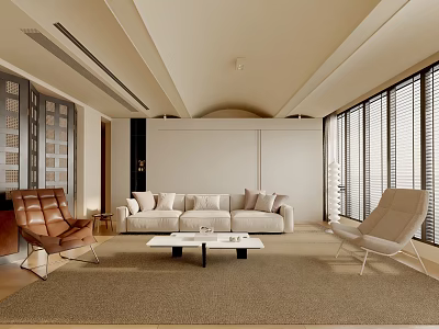 Modern Living Room Interior With Sofa Armchairs Coffee Table And Large Windows Rug 3d model