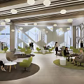 Modern Lounge Area With Circular Green Rugs Comfortable Chairs And Large Windows