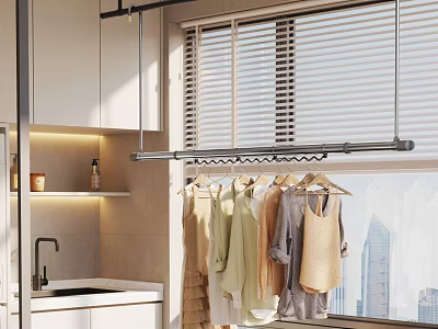 Home Balcony Interior With Clothes Drying Rack Hanging Clothes Window Blinds And City View 3d model