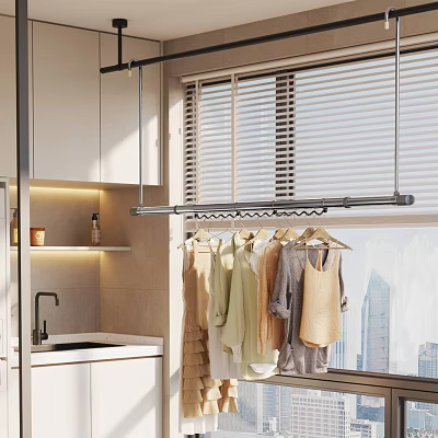 Home Balcony Interior With Clothes Drying Rack Hanging Clothes Window Blinds And City View 3d model
