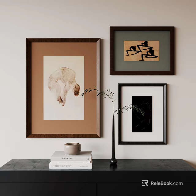 Elegant Interior With Framed Artworks Books Vase Cup And Table Decor 3d model