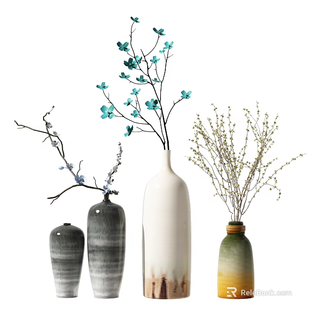 Stylish Vases In White Gray Green With Blue Blooms And Decorative Branches 3d model 