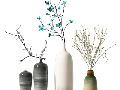 Stylish Vases In White Gray Green With Blue Blooms And Decorative Branches 3d model