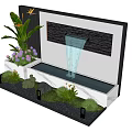 Outdoor Fountain Wall with Flowing Water Green Plants Purple Flowers Small Lights and Pebbles