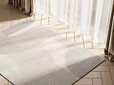 Light Colored Square Rug With Wave Pattern On Tile Floor Near Curtains 3d model