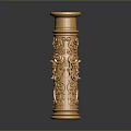 Golden Ornate Carved Column With Detailed Intricate Floral Patterns Design