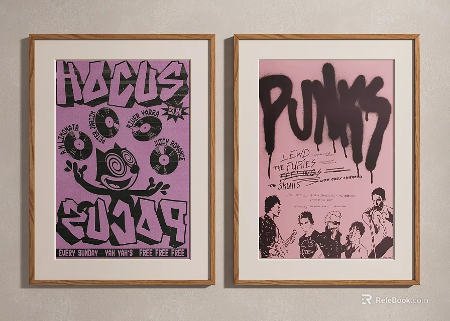 Framed Punk Themed Posters With Records And Street Artwork On Wall 3d model 
