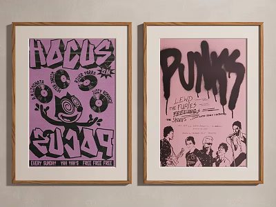 Framed Punk Themed Posters With Records And Street Artwork On Wall 3d model