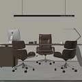 Modern Office Desk Setup With Wooden Surface Brown Leather Chairs Computer Monitor And Desk Lamp