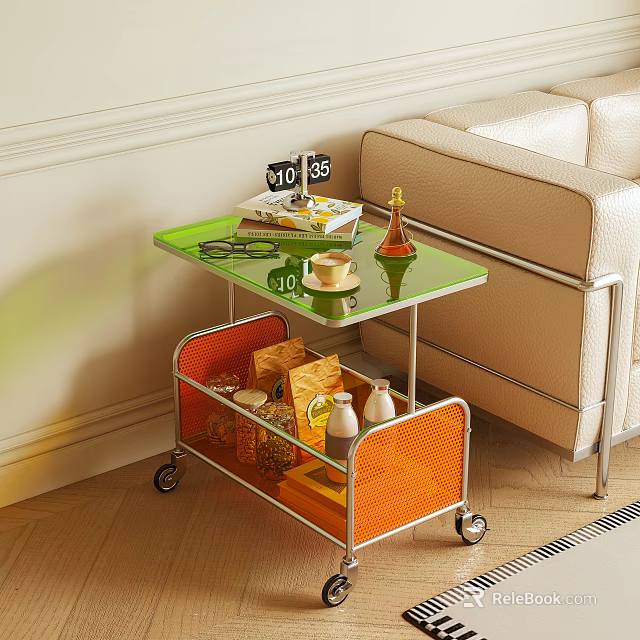 Modern Side Table with Glass Top and Orange Storage Shelf Beside Beige Sofa 3d model 
