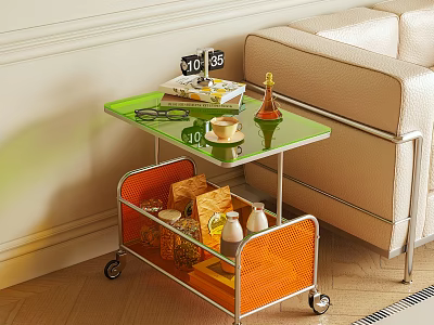 Modern Side Table with Glass Top and Orange Storage Shelf Beside Beige Sofa 3d model
