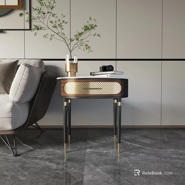 Modern Luxury Bedside Table Design With Gold Accents Black Metal Legs And Decorative Items 3d model 