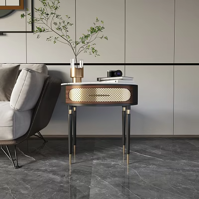 Modern Luxury Bedside Table Design With Gold Accents Black Metal Legs And Decorative Items 3d model