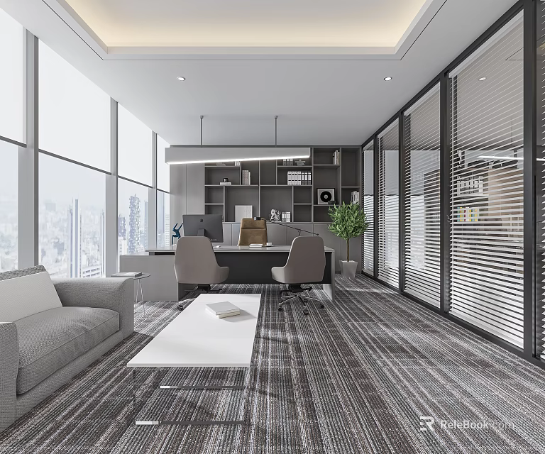 Modern Office Interior With Large Windows City View Grey Sofa And Work Desk 3d model