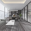 Modern Office Interior With Large Windows City View Grey Sofa And Work Desk 3d model