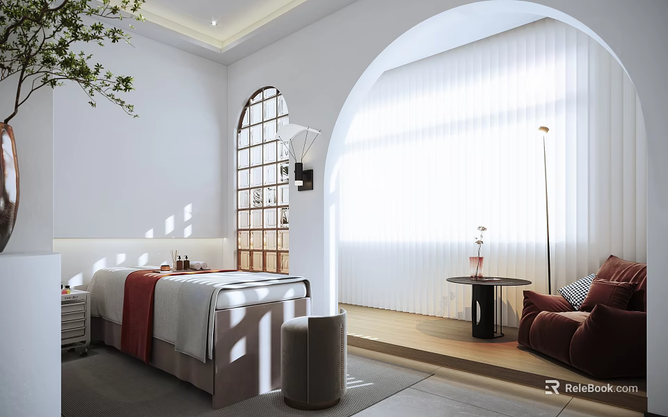 Elegant Beauty Hair Salon Interior With Treatment Bed Arched Window Sunlit Walls And Sofa 3d model 