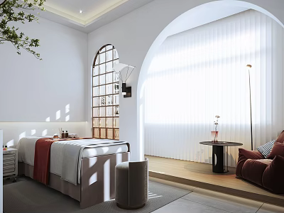 Elegant Beauty Hair Salon Interior With Treatment Bed Arched Window Sunlit Walls And Sofa 3d model