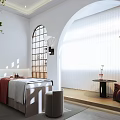 Elegant Beauty Hair Salon Interior With Treatment Bed Arched Window Sunlit Walls And Sofa