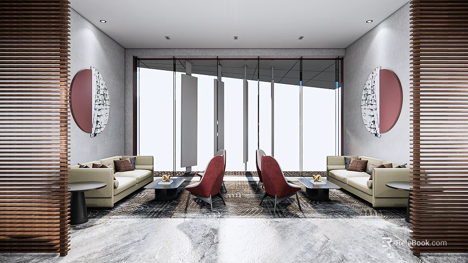 Modern Sales Office Interior With Large Windows Beige Sofas Red Chairs Circular Wall Decor 3d model