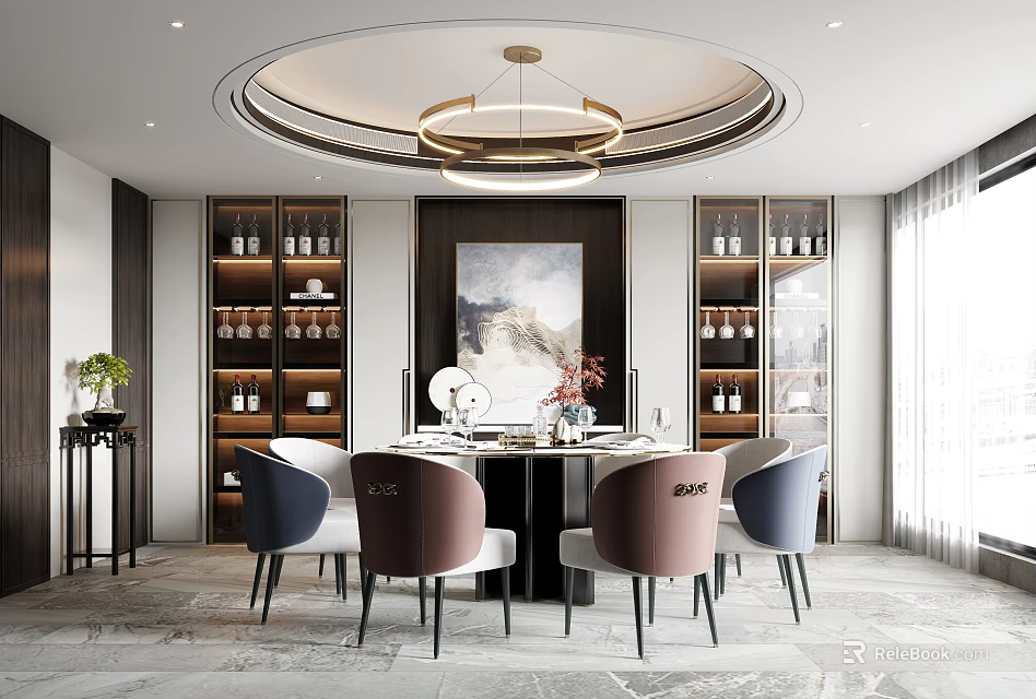 Elegant Modern Restaurant Interior With Round Table Wine Cabinets Pendant Lights And Artwork 3d model 