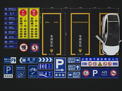 Parking Lot Featuring Traffic Signs Designated Parking Spaces Entrance Exit Speed Limit And Parked Car 3d model