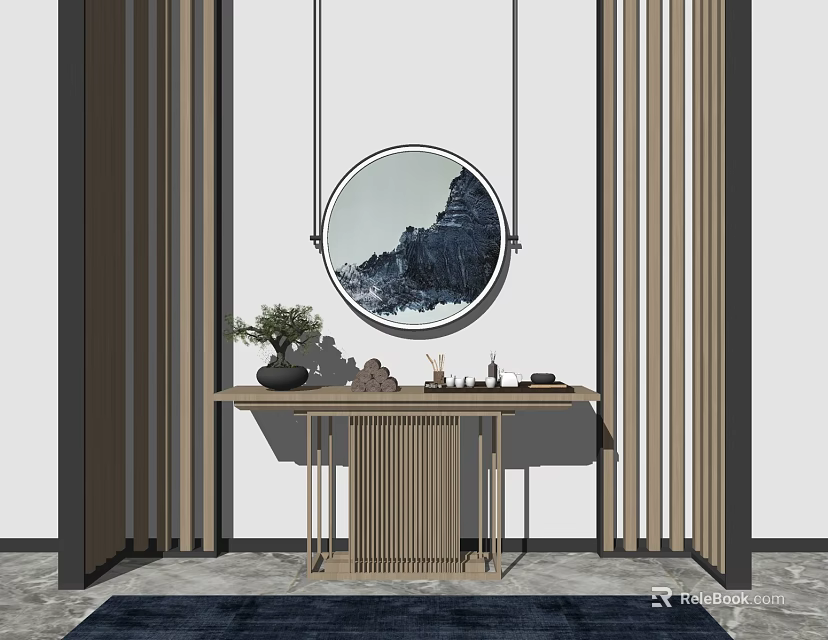 Entry Console Table With Round Mountain Mirror Vertical Slat Screen And Potted Plant 3d model