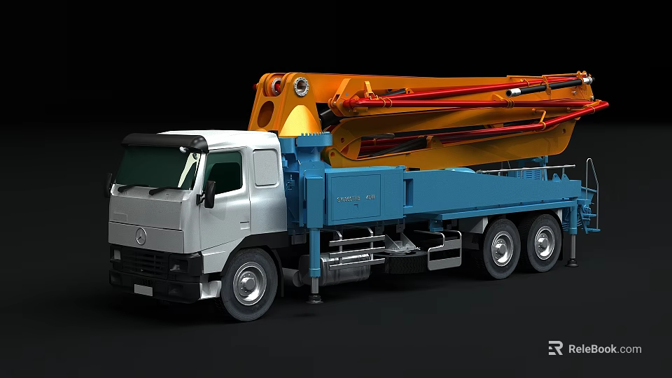Concrete Pump Truck With Yellow Red Arm Blue Chassis And White Cab Structure 3d model 